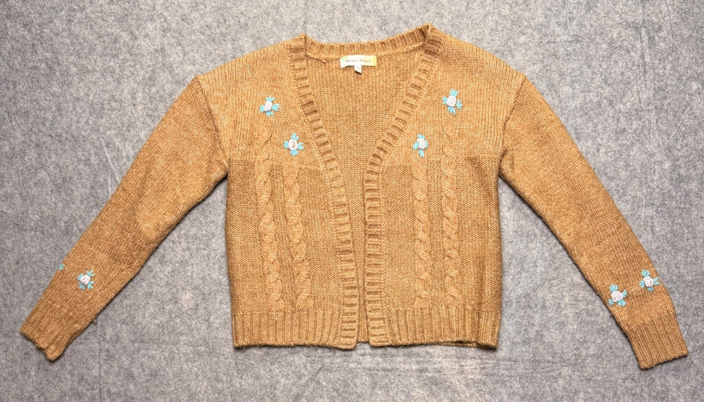 Hazel Moon Womens M Tan Cropped Cable Knit Cardigan Embroidered Rosette Floral